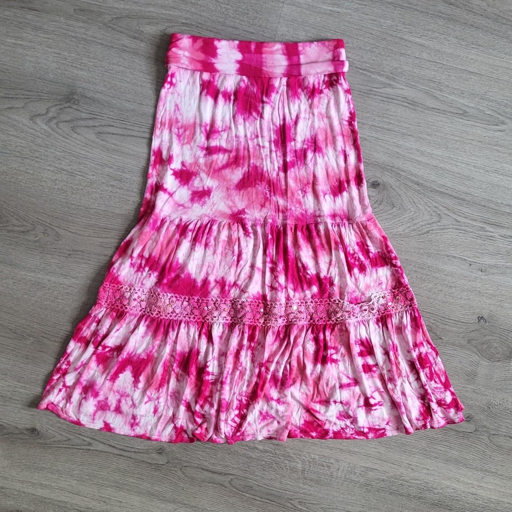 Justice Girls Pink Tie Dye Tiered Maxi Skirt Lace Trim Boho Festival Flowy 10